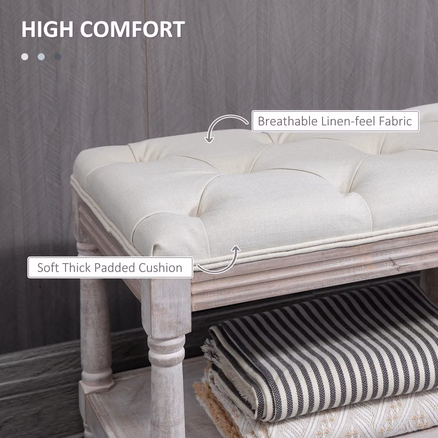 HOMCOM 2 Tier Fabric Shoe Rack Bench with Tufted Seat in Beige and White – 5