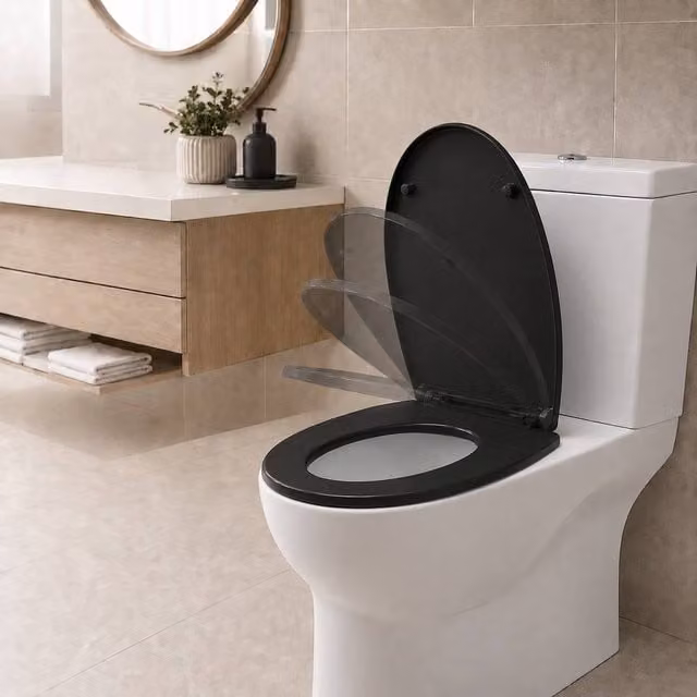 Futura D-Shaped Soft Close Toilet Seat in Black with Quick Release and Removable Features, W: 44.5 cm, D: 42.5 cm, H: 50 cm – 1