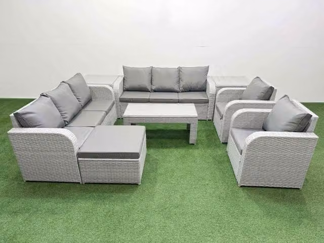 Fimous Grey PE Rattan High Back Lounge Sofa Set with 3 Seater Sofa, Reclining Chair, Large Footstool, Oblong Coffee Table and 2 Side Tables