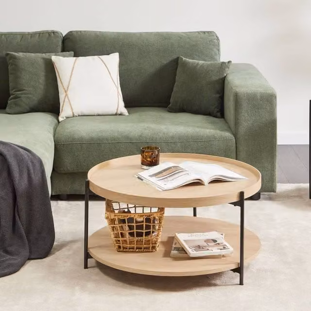 Wyld and Coco Round Coffee Table with Brown Wood Top and Black Powder-Coated Frame, Diameter: 78 cm