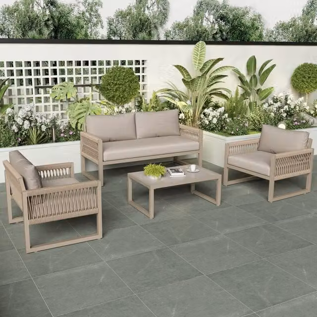 Modern Beige Outdoor Lounge Set with Glass and Metal Coffee Table