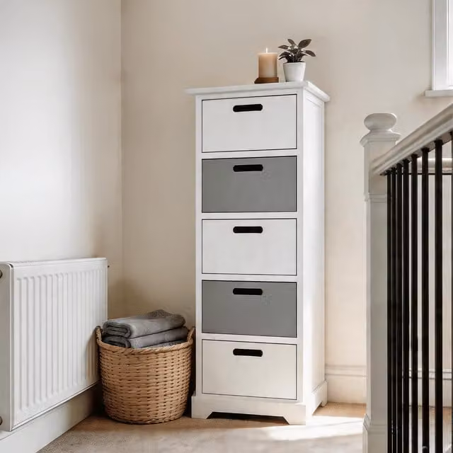 Home Source Ullswater 5 Drawer Chest Storage Unit in White and Grey