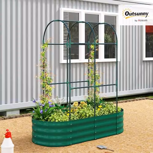 Outsunny Galvanised Steel Raised Garden Bed with Arched Trellis, Green, W: 121.92 cm, D: 60.96 cm, H: 140.2 cm – 2