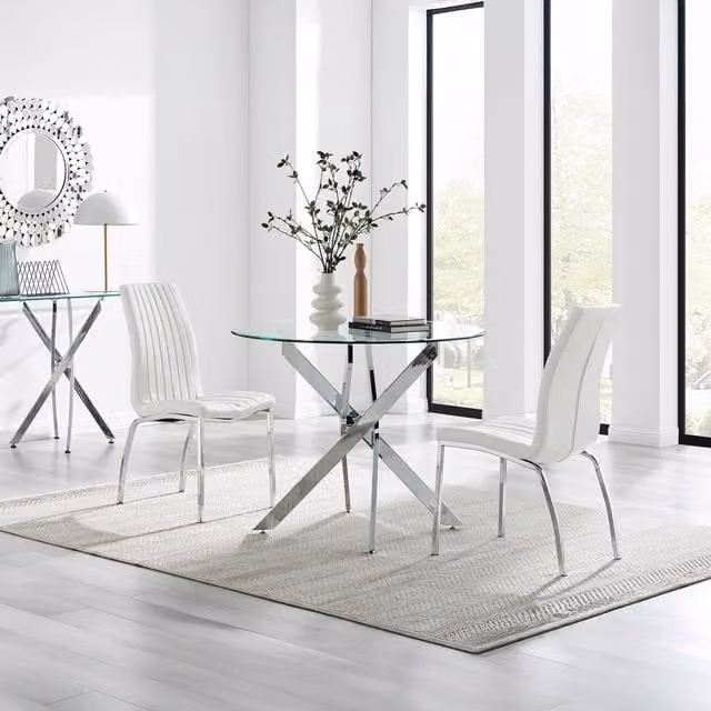 FurnitureboxUK Novara Round Glass Dining Table and 2 Isco Chairs in White