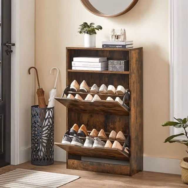VASAGLE Industrial Shoe Cabinet in Brown with Tilting Compartments and Open Top Shelf