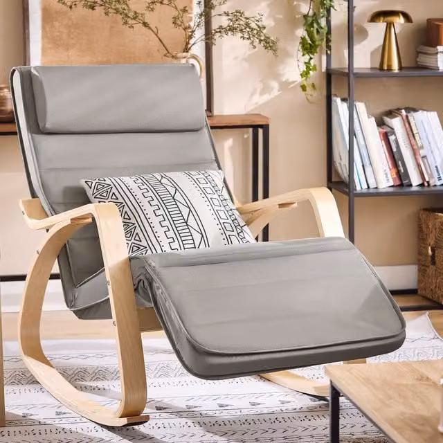 SoBuy Grey Fabric Relax Recliner Rocking Chair with Ottoman and Birch Wood Frame