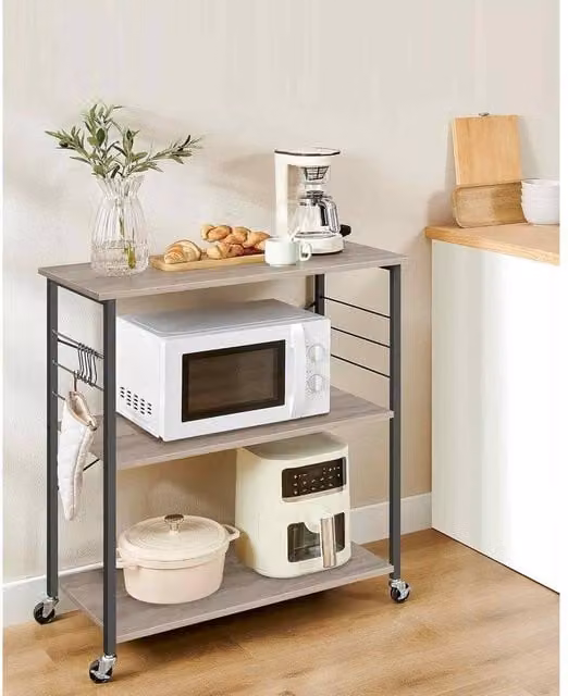 The Bazaarist Rolling Kitchen Microwave Rack with 3 Shelves and Hooks, Grey