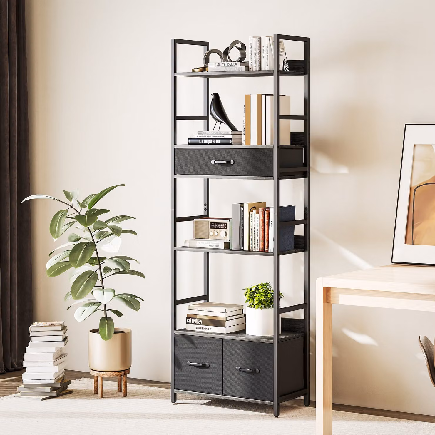 HOMCOM Industrial 6-Tier Tall Bookcase with 3 Fabric Drawers in Grey and Black – 2