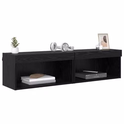 vidaXL Modern Wall Mounted TV Cabinet Set of 2 in Black Oak with Integrated Lighting