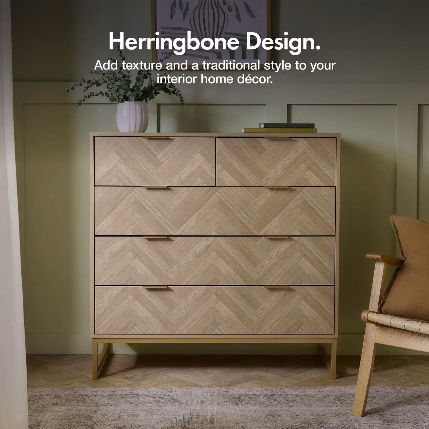 VonHaus Ducie 5 Drawer Herringbone Design Bedroom Chest of Drawers in Natural and Gold – 3