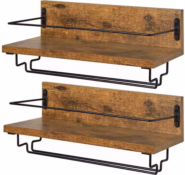 SPETLEK Wall Mounted Industrial Wine Rack with Glass Holder in Matt Brown