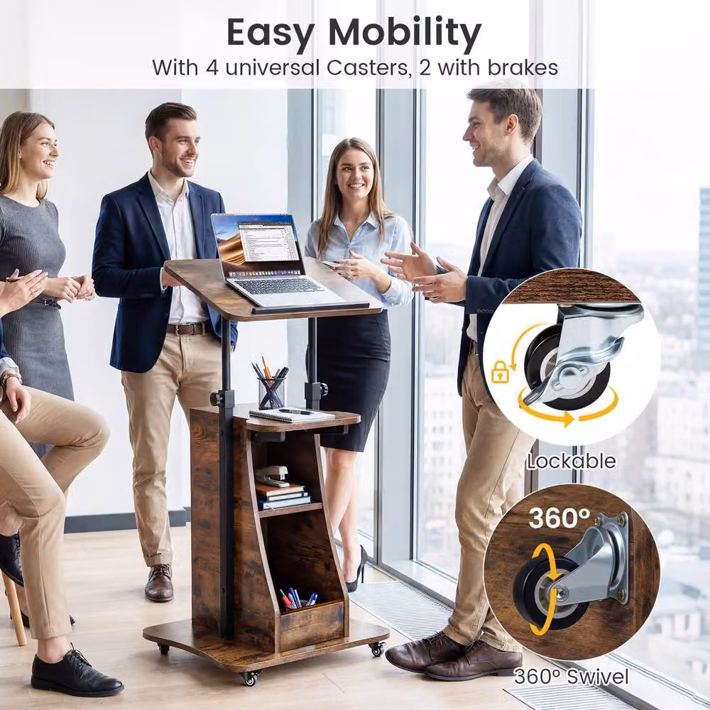 Gymax Height Adjustable Rolling Podium Stand with Tilting Top in Rustic Brown – 6