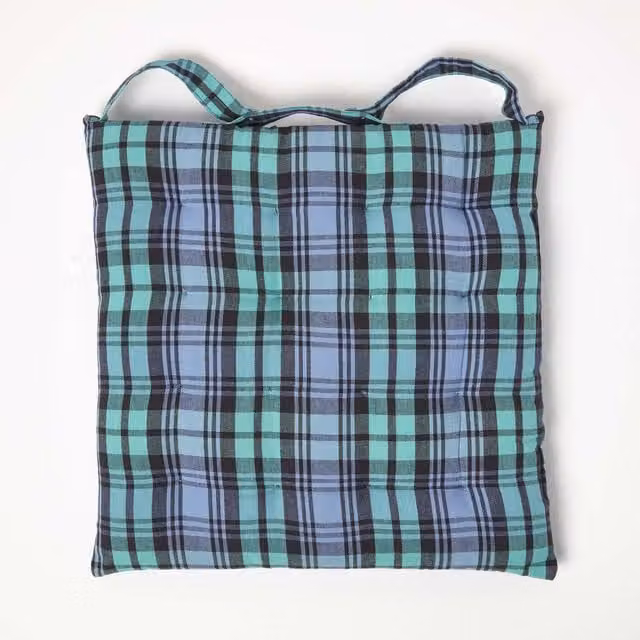 Homescapes Cotton Tartan Seat Pad in Black, Green and Multicolour