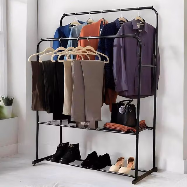 House Of Home Heavy Duty Double Metal Clothes Rail with Shoe Rack in Matt Black, W/D/H: 153 x 110 x 50 cm – 1