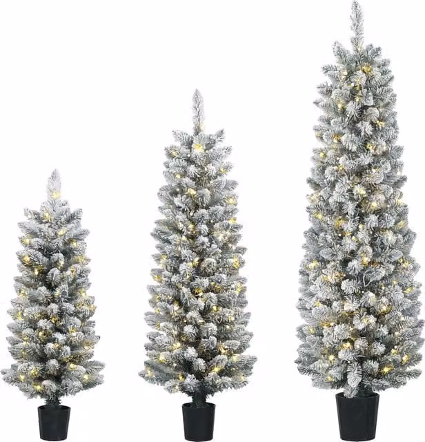 HOMCOM Set of 3 Slim Snowy Flocked Artificial Christmas Trees with Warm White LED Lights, White, H 152 cm, H 122 cm, H 91 cm