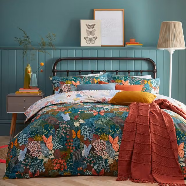 Make it a Home Reversible Butterfly Floral Duvet Cover Set in Petrol Green, Single, 90 x 190 cm