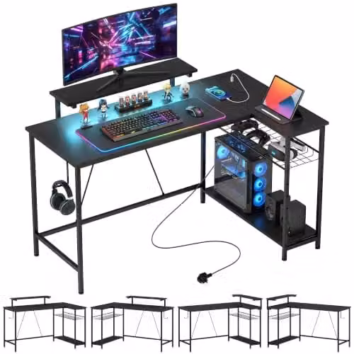 HOMCOM L-Shaped Gaming Desk with LED Lights and Power Outlet, Black