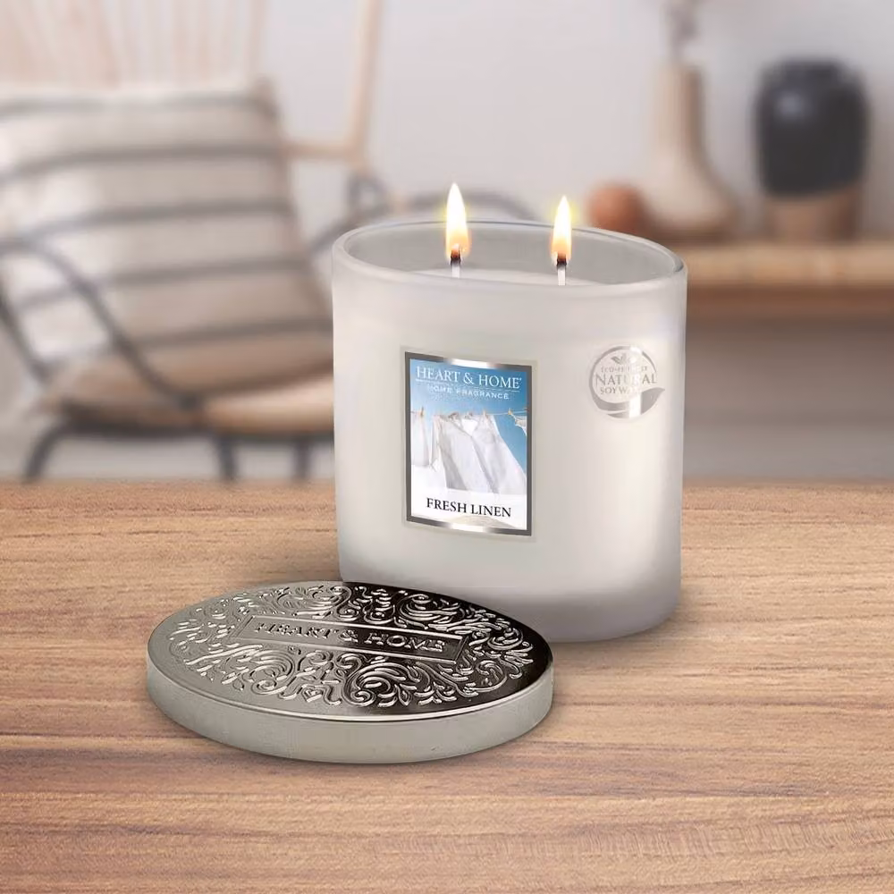 Heart and Home Fresh Linen Twin Wick Ellipse Soy Wax Candle in White – 2