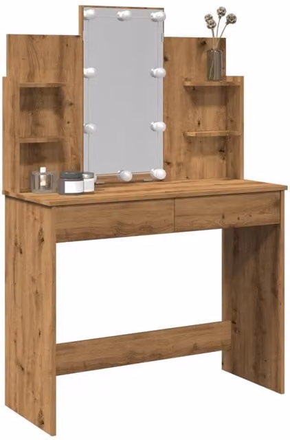 Berkfield Home Dressing Table with Hollywood LED Lights in Artisan Oak Brown, W: 96 cm, D: 40 cm, H: 142 cm – 1