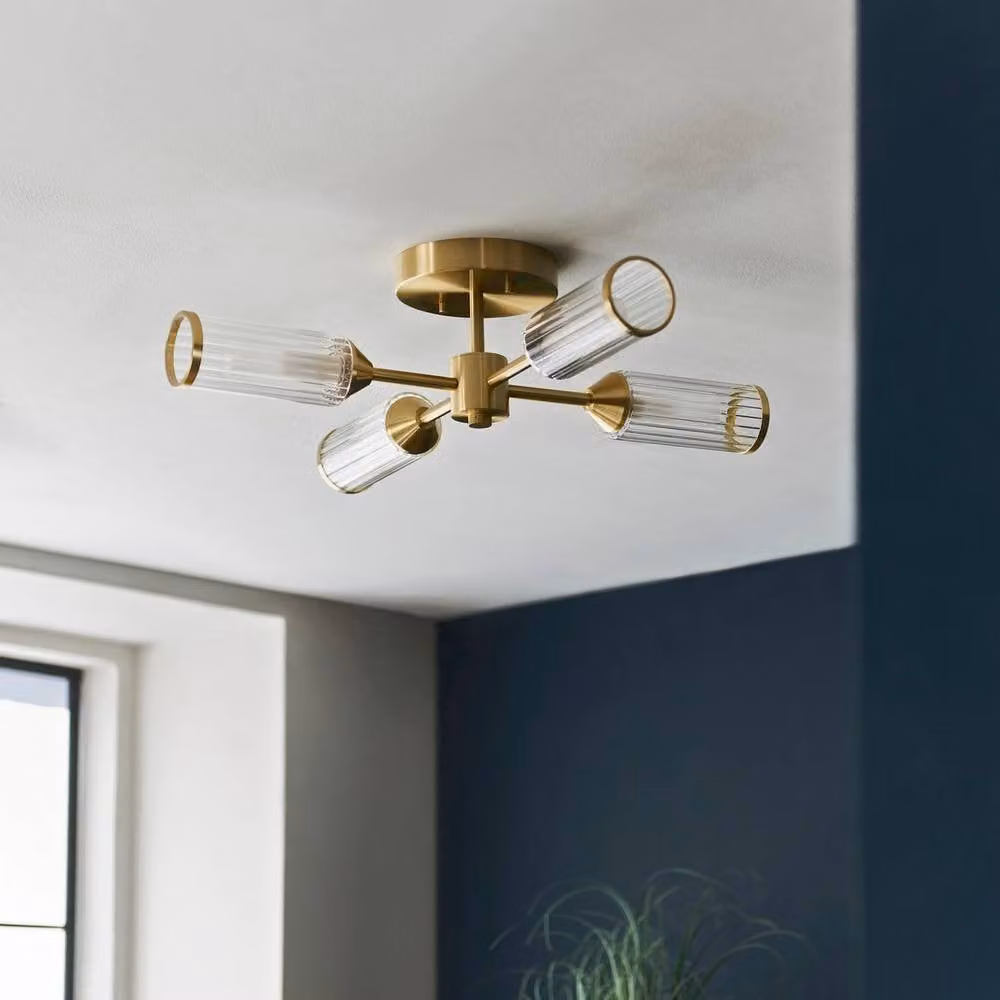 Netlighting Trieste Multi Arm Semi Flush Ceiling Lamp in Gold and Brass with White Frosted Glass – 3