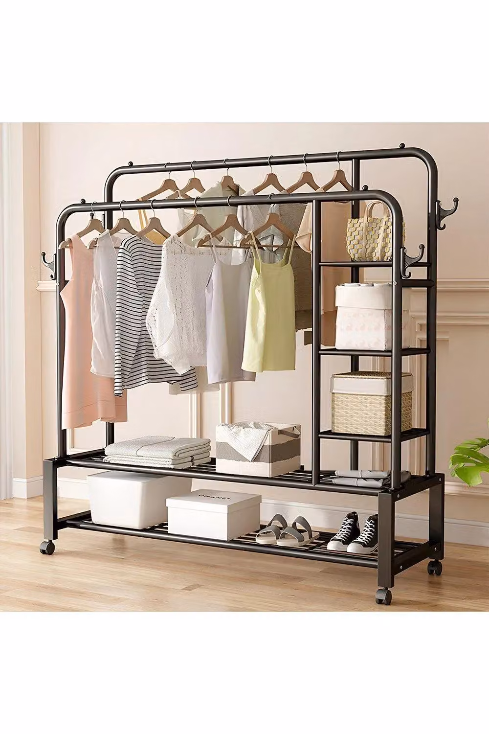 H&O Direct Metal Double-Rod Clothes Rail with Shelves and Wheels in Matt Black, H 165 cm x W 120 cm – 2