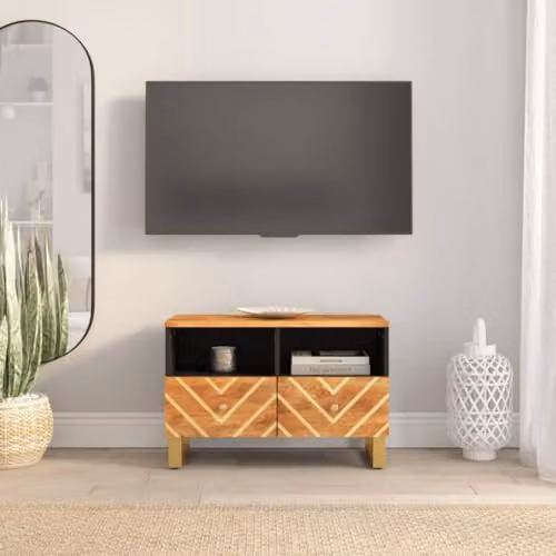 vidaXL Modern Geometric TV Cabinet in Brown and Black Solid Mango Wood and Metal, W/D/H: 70 x 33.5 x 46 cm – 2