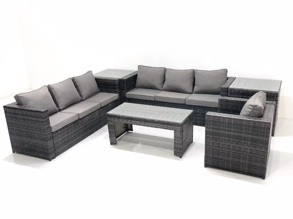 Fimous 7 Seater Rattan Garden Furniture Set in Grey with Upholstered Cushions, Coffee Table and Armchairs – 2