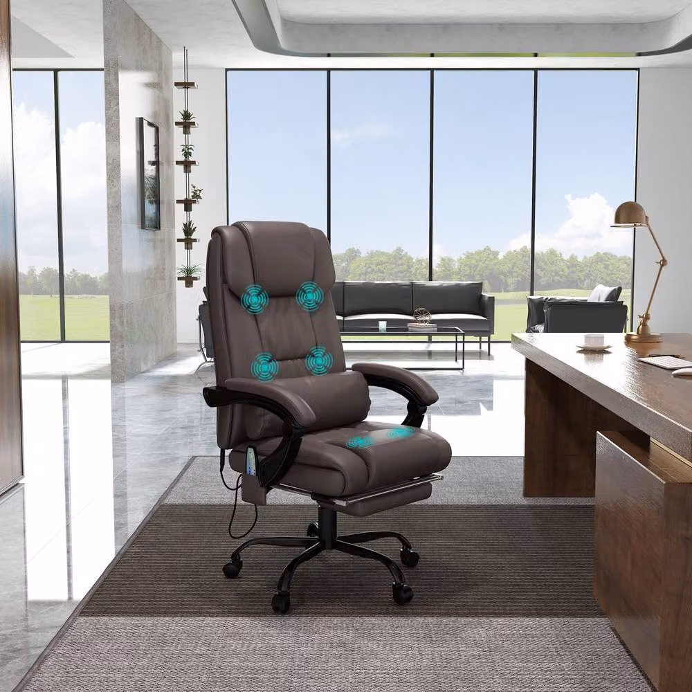 Rolipo Brown PU Leather Executive Office Chair with 6-Point Massage, Footrest and Headrest – 4