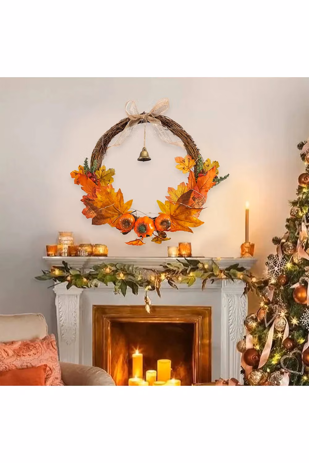 Living and Home Pre-Lit Halloween Wreath with Face and Maple Leaves in Orange, Diameter: 40 cm – 2