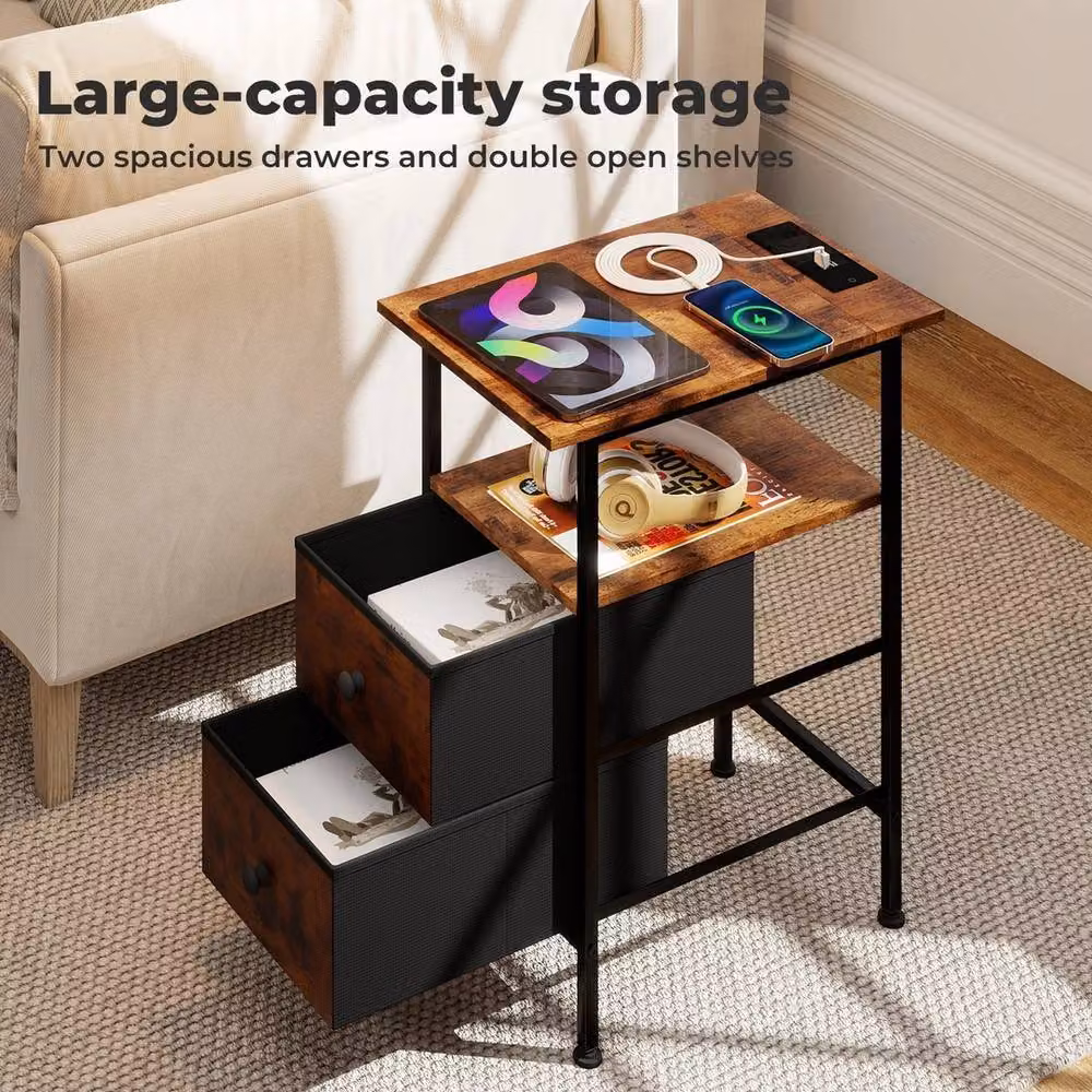 FORGEVIO Brown Industrial Bedside Table and Side Cabinet with Charging Station – 3