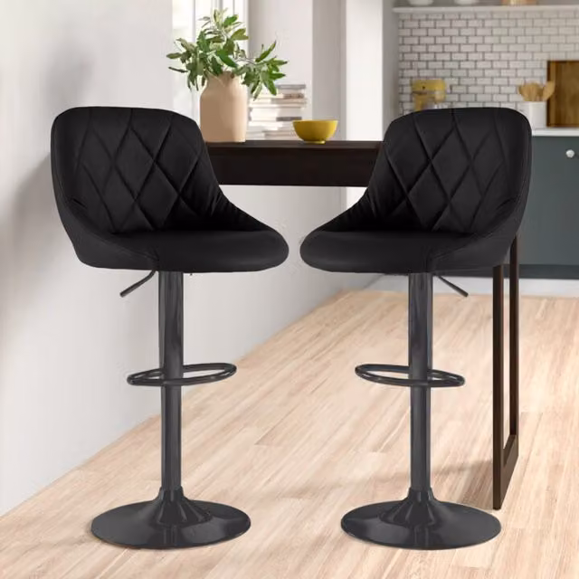 Neo Set of 2 Black Faux Leather Swivel Barstools with Adjustable Height and Metal Base