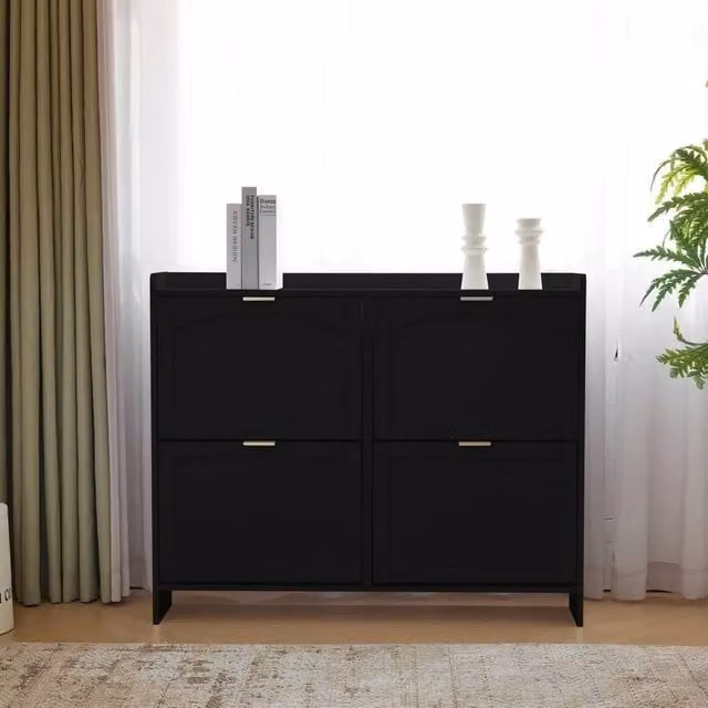 KORVIXA Black Shoe Storage Rack with 4 Tilting Compartments and Open Shelves, W/D/H: 100 x 100 x 100 cm