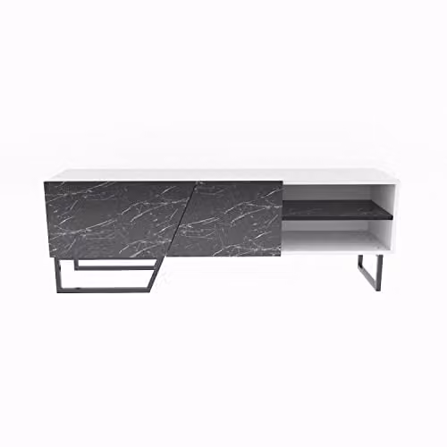DECOROTIKA Modern Black Marble Effect and Black TV Stand with Two Shelves and Cabinets for TVs up to 60 inch – 2