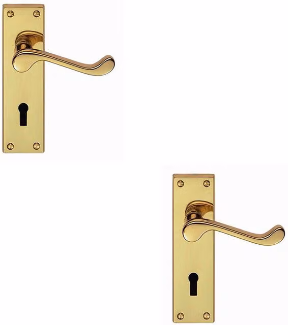 Loops 2x Pair Victorian Scroll Handle on Lock Backplate in Polished Brass, W: 150 mm, H: 43 mm