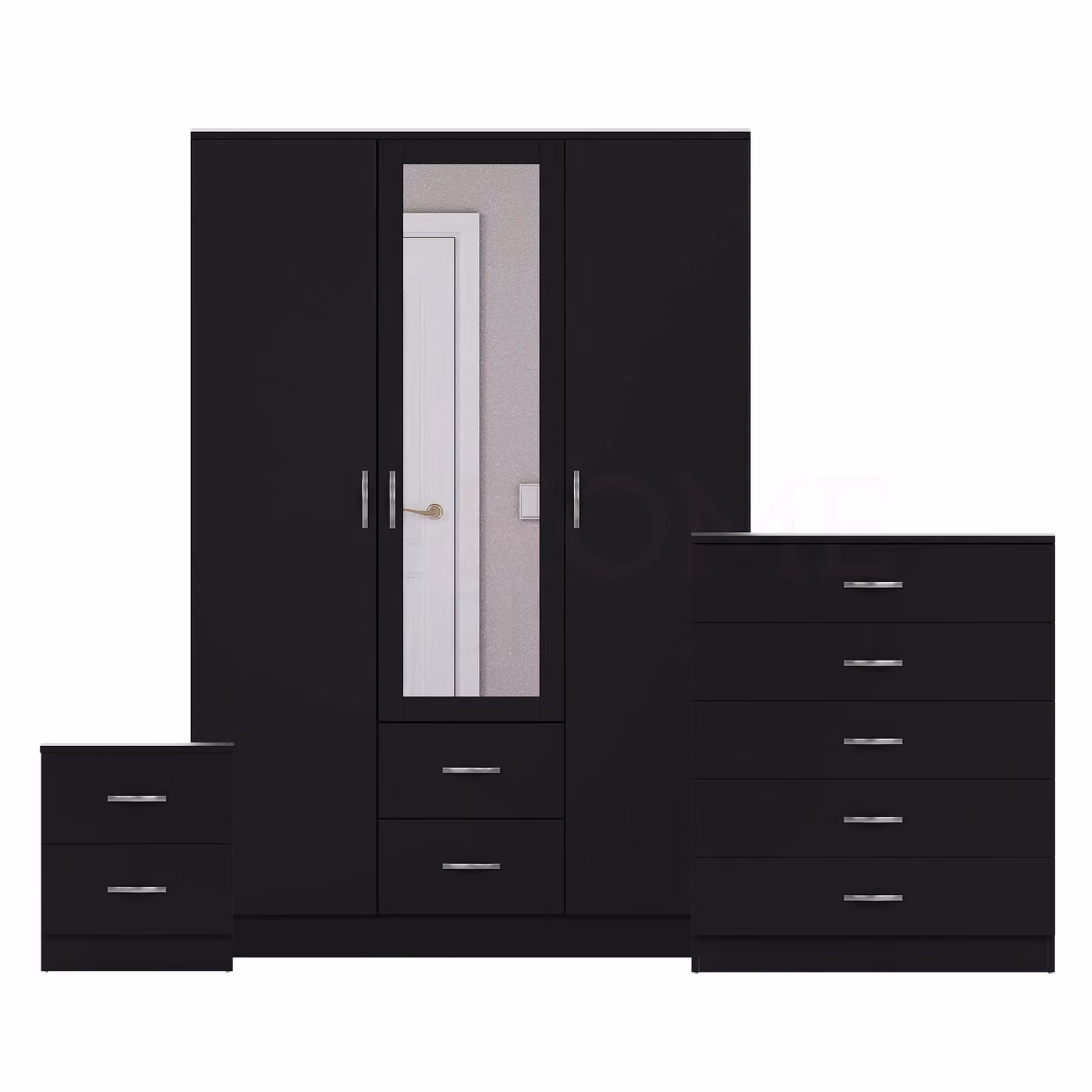 Vida Designs 3-Piece Modern Black Bedroom Set Including 2 Nightstands, 5-Drawer Chest and Mirrored Wardrobe – 2
