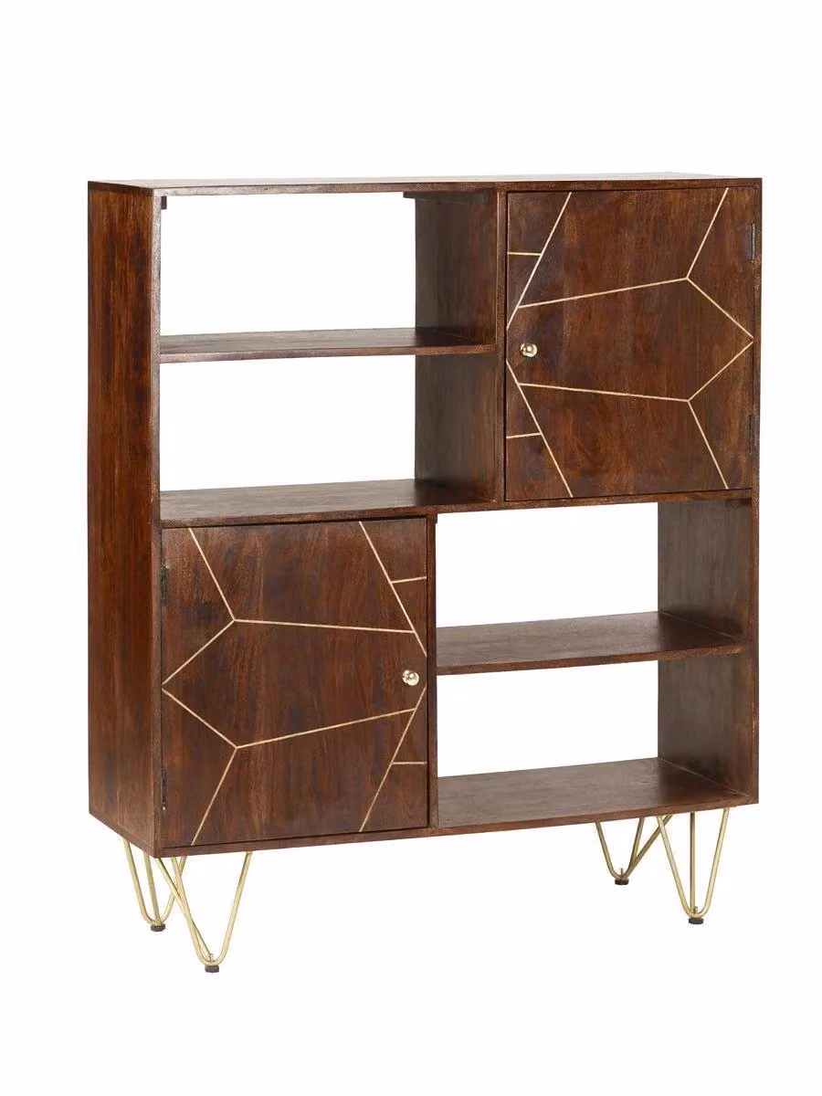 IH Design Deiondre Display Unit with Shelves and Cupboards in Dark Mango and Brown with Gold Accents – 2