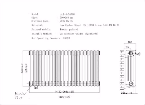 UK Radiators Alpha 4 Column Horizontal Traditional Cast-Iron Style Radiator in Anthracite Grey, W: 988 mm, H: 500 mm – 3