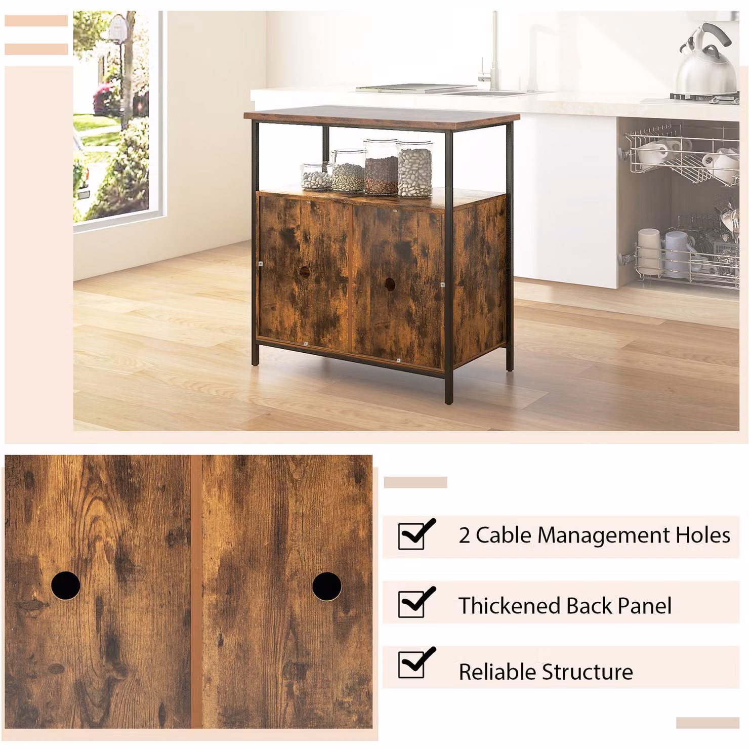 COSTWAY 2-Door Rustic Brown Wood and Metal Buffet Sideboard – 2