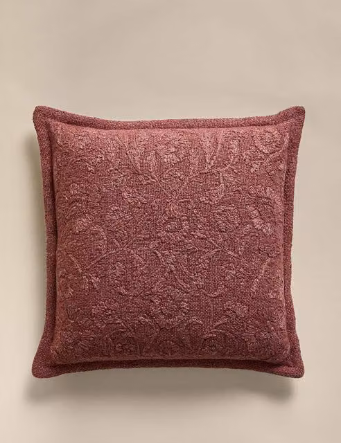 M&S Cotton Rich Floral Embroidered Square Cushion in Chestnut Brown and Red