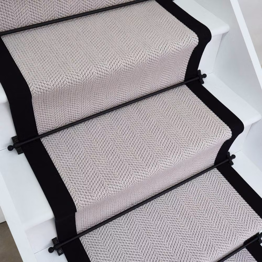 RainbowHome Chelsea Herringbone Wool Stair Runner with Black Cotton Border in Cream and Beige, W: 60 cm, L: 700 cm – 2