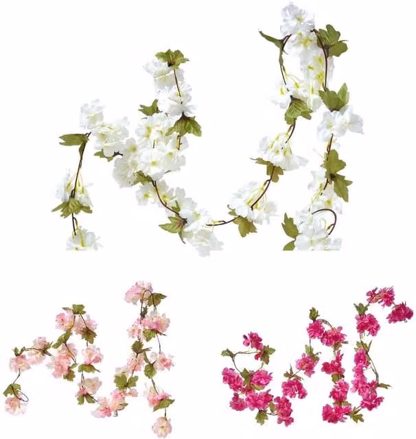 Homescapes Set of 3 Pink and White Artificial Floral Hanging Garlands with Leaves