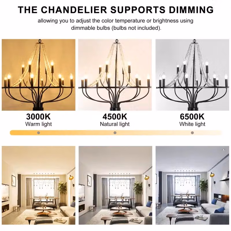 Garwarm 12-Light Dimmable Rustic Wagon Wheel Chandelier with Beaded Accents in Black and Wood – 5
