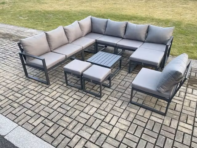 Fimous 11 Seater L-Shape Outdoor Garden Furniture Set in Dark Grey with Powder Coated Aluminium Frame, Square Coffee Table and 3 Matching Ottomans