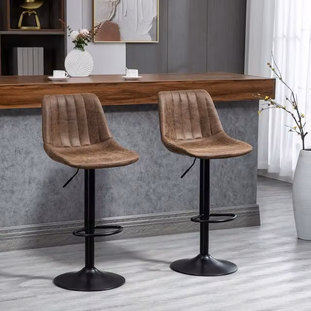 HOMCOM Set of 2 Retro Brown Microfibre and Synthetic Leather Swivel Bar Stools with Metal Frame