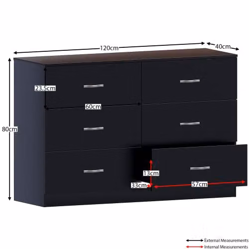 Vida Designs 6 Drawer Wide Chest of Drawers in Black with Silver Accents, W/D/H: 110 x 40 x 80 cm – 2