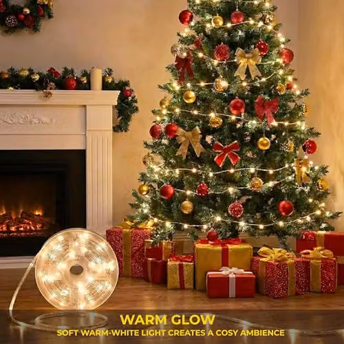 Shatchi Warm White LED Fairy String Lights with 100 LEDs and Timer, 10m Gold Leather-Thread Wire, IP44 Waterproof for Indoor and Outdoor Christmas, Party and Wedding Decor – 5