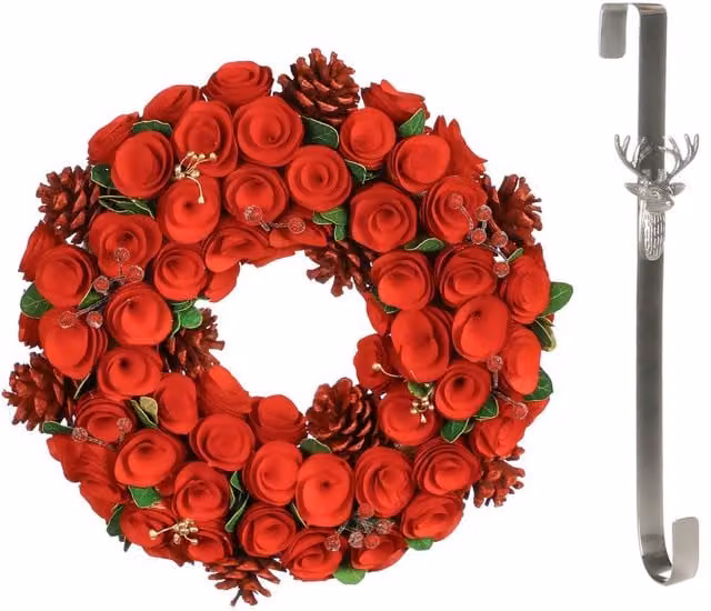 Dibor Red Crimson Rose Christmas Wreath with Stag Hanger, Diameter: 35 cm