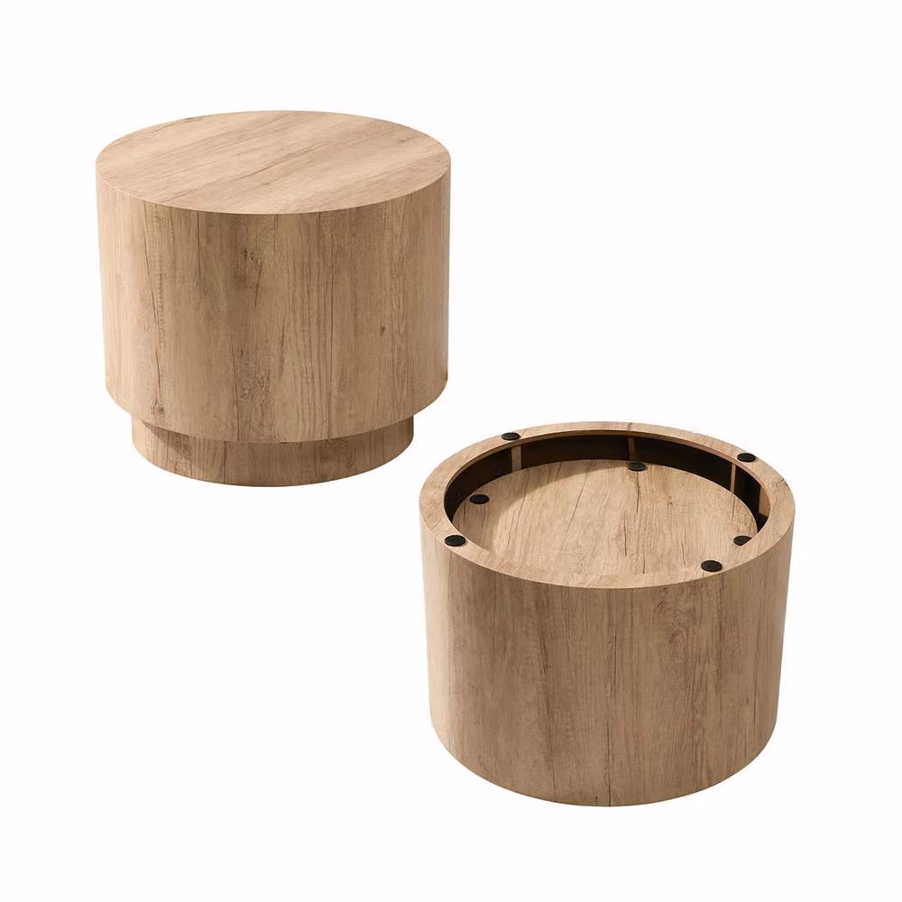 CALICOSY MAIA Set of 2 Stackable Round Coffee Tables in Light Brown Travertine Finish – 3