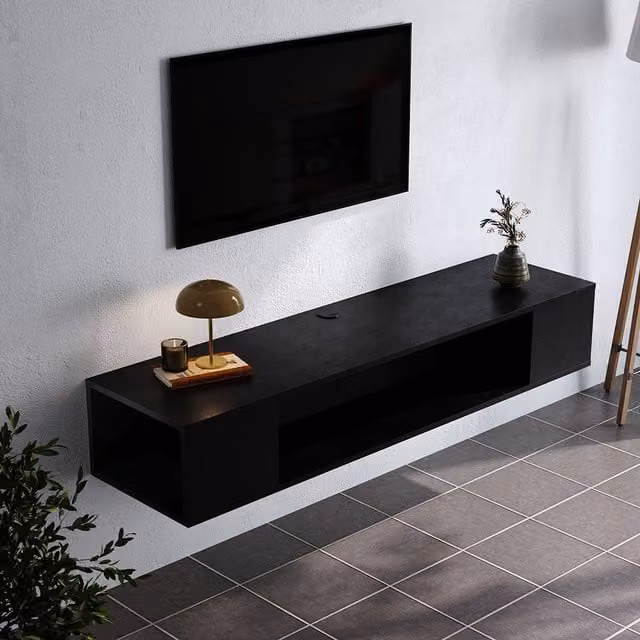 Livingandhome Modern Wall Mounted Floating TV Unit with Media Compartments in Matt Black