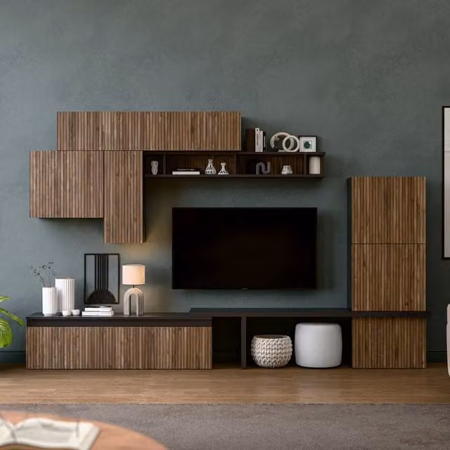 Decorotika Almeria Modern Wall Mounted Entertainment Center in Black and Brown with Geometric Alina Pattern